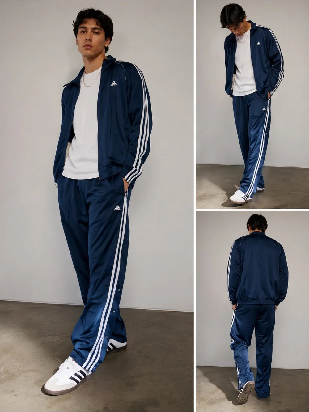 adidas Navy Blue Tear Away‎ Track Pants White 3 Stripe Y2K Streetwear XL